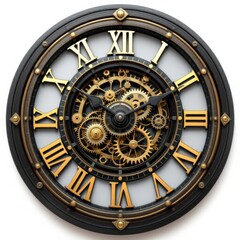 Obraz premium Ornate antique clock with visible intricate golden gears and Roman numerals on white background