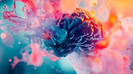 Abstract representation of human thought. A colorful splash surrounds a brain illustration. This image captures creativity and intelligence in a vibrant way. Generative AI