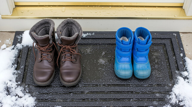 Brown adult boots and blue child boots sit on a frosty welcome mat with melting snow, hinting at winter play