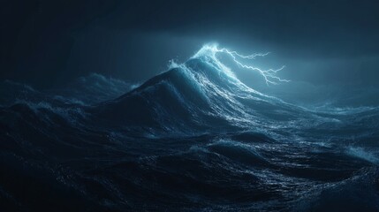 Ocean storm with powerful lightning striking a towering wave, illustrating concepts of weather, danger, climate change, turbulent nature, and raw elemental power at sea