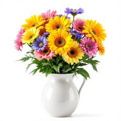 Fototapeta premium Vase filled with a vibrant bouquet of colorful gerbera daisies and lush green leaves isolated on white background.