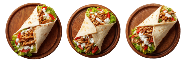 Falafel wrap filled with fresh vegetables and tahini drizzle sauce served on wooden plate, isolated on white, Arabic cuisine