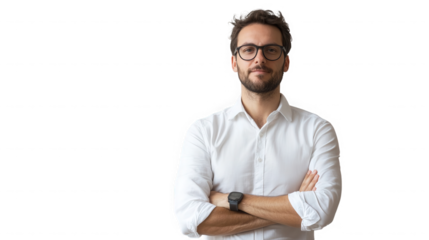A man with glasses and a white shirt standing with his arms crossed against a black background on transparent background
