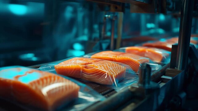 Automated with high tech production line packaging fresh salmon pieces into resealable bags for commercial distribution and supply chain logistics, ready for distribution, packaging