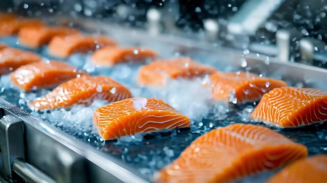 Automated with high tech production line fresh salmon pieces for commercial distribution and supply chain logistics, ready for distribution, packaging