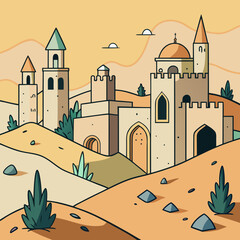 Stylized desert city with towers domes and arid landscape illustration © Xawad