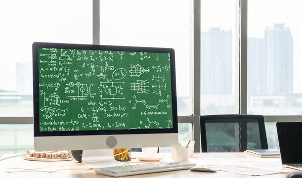 Mathematic equations and modish formula on computer screen showing concept of science and education - Powered by Adobe