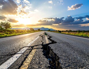 Cracked road with sunset backdrop, mountains and sunlight