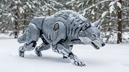 Robotic Wolf Walking Through Snowy Forest Symbolizing Artificial Intelligence and Biomimicry