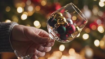 Hand Holding Wine Glass With Ornaments, Soft Bokeh Christmas Tree Lights, Cozy Sweater Sleeve, Gold Red Green Baubles, Reflective Glass, Gentle Tilt, Intimate Holiday Decor Scene, Warm Ambient Glow