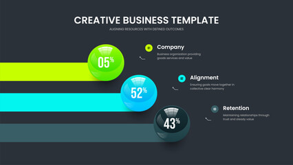 Clean Visualization Three Element Chart Slide Layout. Elegant Campaign Slideshow Template Vector Illustration. Visual Strategy 3 Step Infographic Presentation Design.