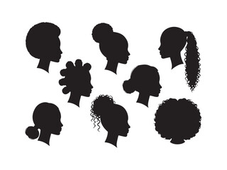 Set of silhouette afro girl. Collection of black woman face with stylized hairstyle. 