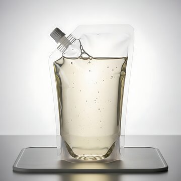 Crystal clear stand-up spout pouch filled with liquid, flexible packaging design.