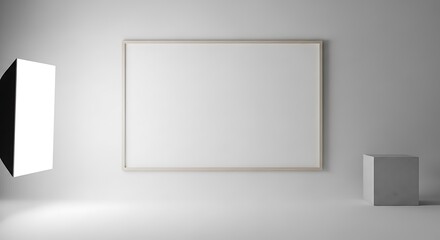 Obraz premium Empty white picture frame mockup on a clean studio wall, ideal for product display, art exhibition, or graphic design presentation in a modern minimalist space