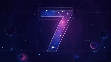 Digit "7" rendered in a futuristic style, featuring a starry, galaxy-like design and a network of lines. Abstract digital elements and planets orbit around the number