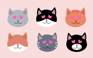 Set of Valentine day Cat head with eyes heart shape. Vector flat illustration.