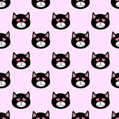 Seamless Pattern. Valentine day Black and white Cat head with eyes heart shape. Vector flat illustration.