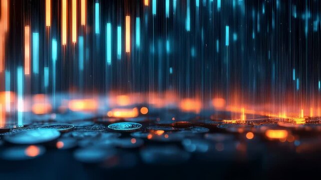 3D infographics for business presentation with neon glowing charts, bars and pie diagrams.