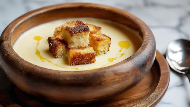 A bowl of creamy sweetcorn soup served in a rustic ceramic bowl topped with golden, crispy square on a wooden table