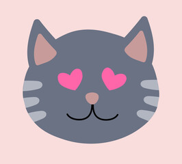 Valentine day Gray Cat head with eyes heart shape. Vector flat illustration.