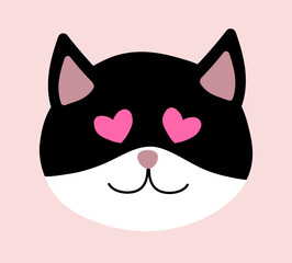 Valentine day Black and white Cat head with eyes heart shape. Vector flat illustration.