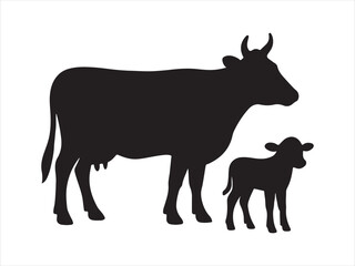 Vector cow and calf silhouettes collection illustration, depicts a cow and calf, farm animals and cattle