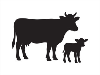 Vector cow and calf silhouettes collection illustration, depicts a cow and calf, farm animals and cattle