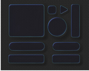 A set of glass interface buttons 3D. Purple and blue gradients of transparent glass. Dark geometric shapes on a transparent background.