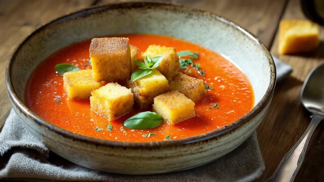 A bowl of creamy tomato soup served in a rustic ceramic bowl topped with golden, crispy square and basil on a wooden table