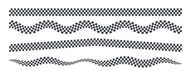 Fototapeta premium Checkered race flag waves and straight ribbons. Finish line patterns in classic black-white squares. F1 circuit banner graphics for motorsport winner celebrations.