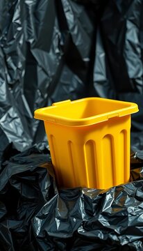 Yellow plastic container on black cardboard recycling plastic, plastic, landfill