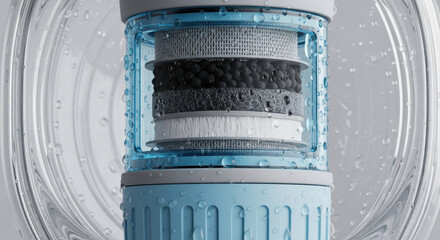 Advanced water purification technologies in multi stage filter cartridge. Clean liquid flows through layers for pure safe drinking water ensuring feeling of health and security