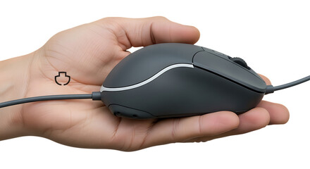 Hand holding gray computer mouse