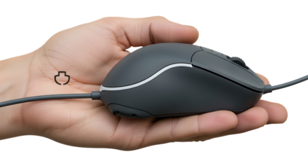Hand holding gray computer mouse
