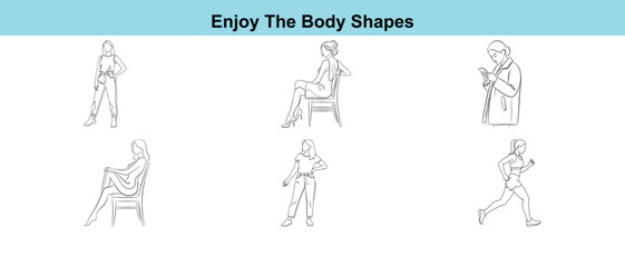 Black and white line art illustrations of people in various body shapes exercising