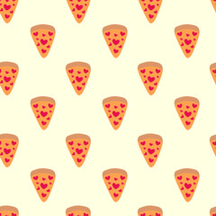 Pizza slice with pepperoni in shape heart seamless pattern. Italian food background. Valentine day food. Flat vector illustration.