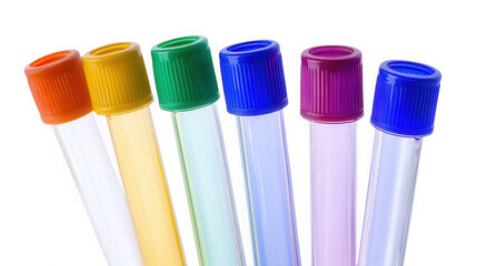 A collection of six test tubes with different colored caps arranged against a black background on transparent background