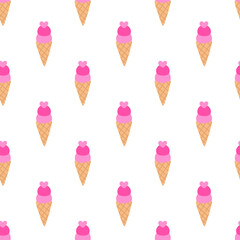 Seamless Pattern. Pink Ice cream in waffle cone with heart. Valentine day. Vector flat illustration.