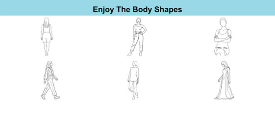 Black and white line art illustrations of various female body shapes