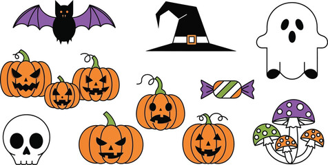 Set of halloween greeting card designs with textured grainy modern illustrations featuring ghost pattern, stack of pumpkins, night cemetery and cute spider,