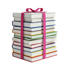 Vibrant stack of colorful books tied with pink ribbon