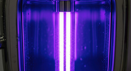 Modern ultraviolet light glows with purple hue during water purification process. Advanced sterilization and disinfection technologies ensure clean liquid and safe treatment