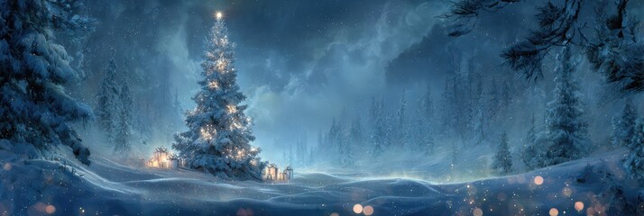 Fototapeta premium winter christmas panoramic landscape snow night forest village lights cinematic ultra wide snowy night panorama with