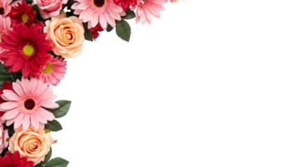 Pink, red, and peach roses and daisies forming a decorative corner floral border