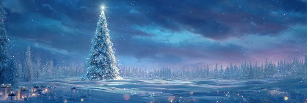 winter christmas panoramic landscape snow night forest village lights cinematic ultra wide snowy night panorama with