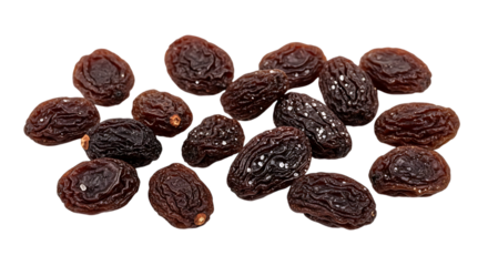 Collection of dried raisins on white background