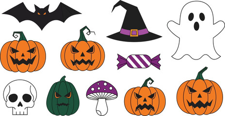 Set of halloween greeting card designs with textured grainy modern illustrations featuring ghost pattern, stack of pumpkins, night cemetery and cute spider,