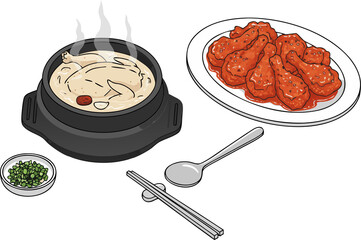 Korean Sundubu Jjigae Soft Tofu Soup and Spicy Fried Chicken Set, Isometric Illustration