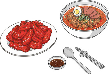 Korean Tteokbokki and Spicy Ramen Noodle Set, Isometric Illustration