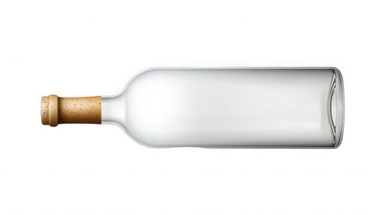 A clear glass bottle with a cork stopper laying horizontally on a black background in a studio shot on transparent background